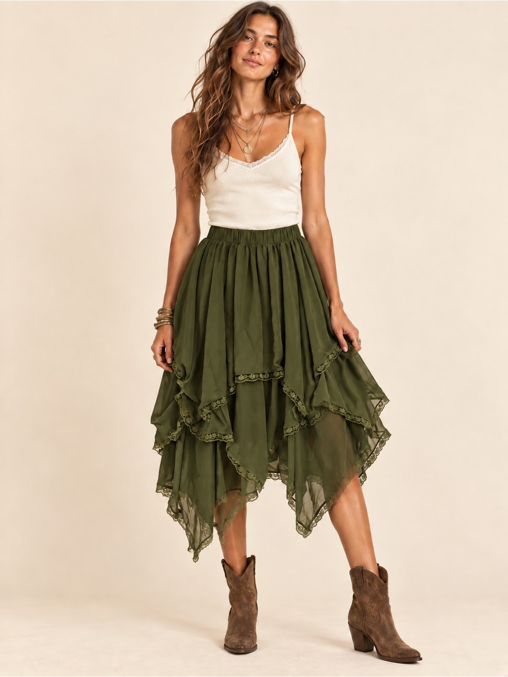 Thorne and Fable green tiered hanky hem fairy lace midi skirt